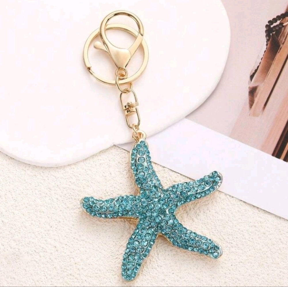 Blue And Golden Starfish Rhinestone Key Holder Bag Accessory